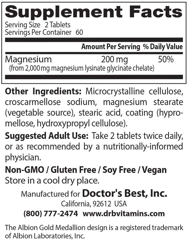 Doctor's Best High Absorption Magnesium Glycinate Lysinate,  100 mg, 120 Tablets