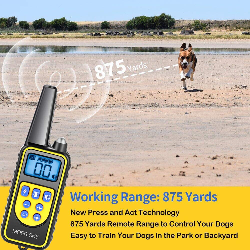 Moer Sky Dog Training Collar, Upgraded 100% Waterproof Rechargeable 875 Yards Remote Dog Shock Collar with LED Light/Beep/Vibration/Shock for Small Medium Large Dogs