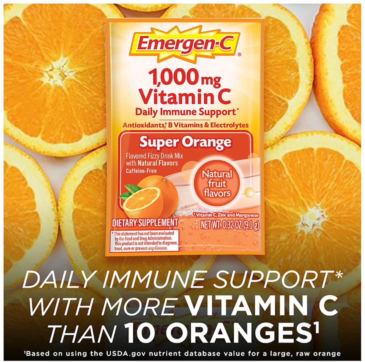 Emergen-C 1000mg Vitamin C Powder, Super Orange Flavor, 0.32 Ounce (Pack of 30)