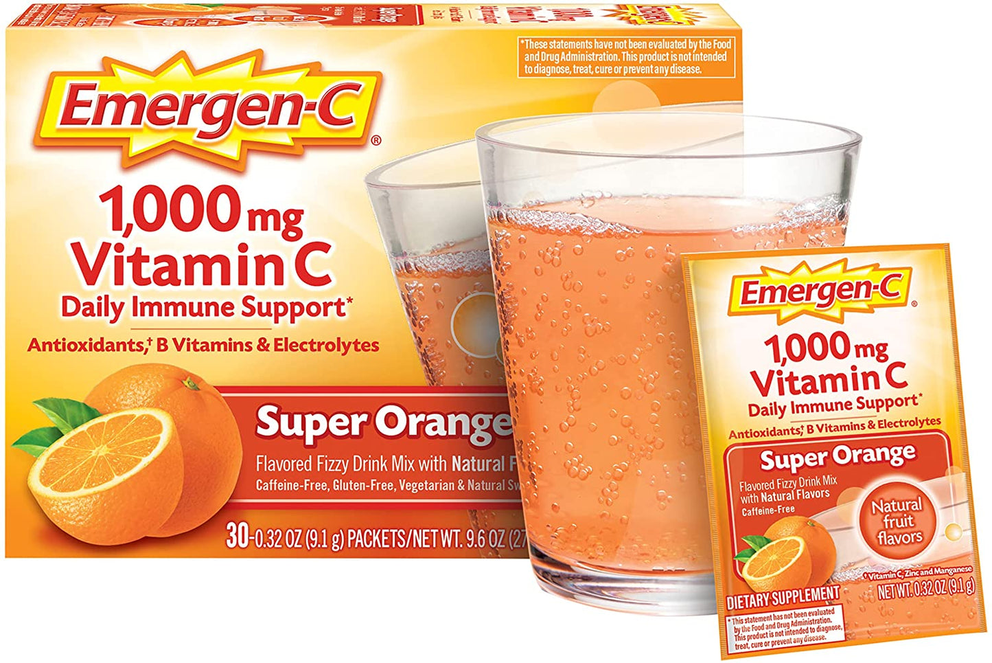 Emergen-C 1000mg Vitamin C Powder, Super Orange Flavor, 0.32 Ounce (Pack of 30)