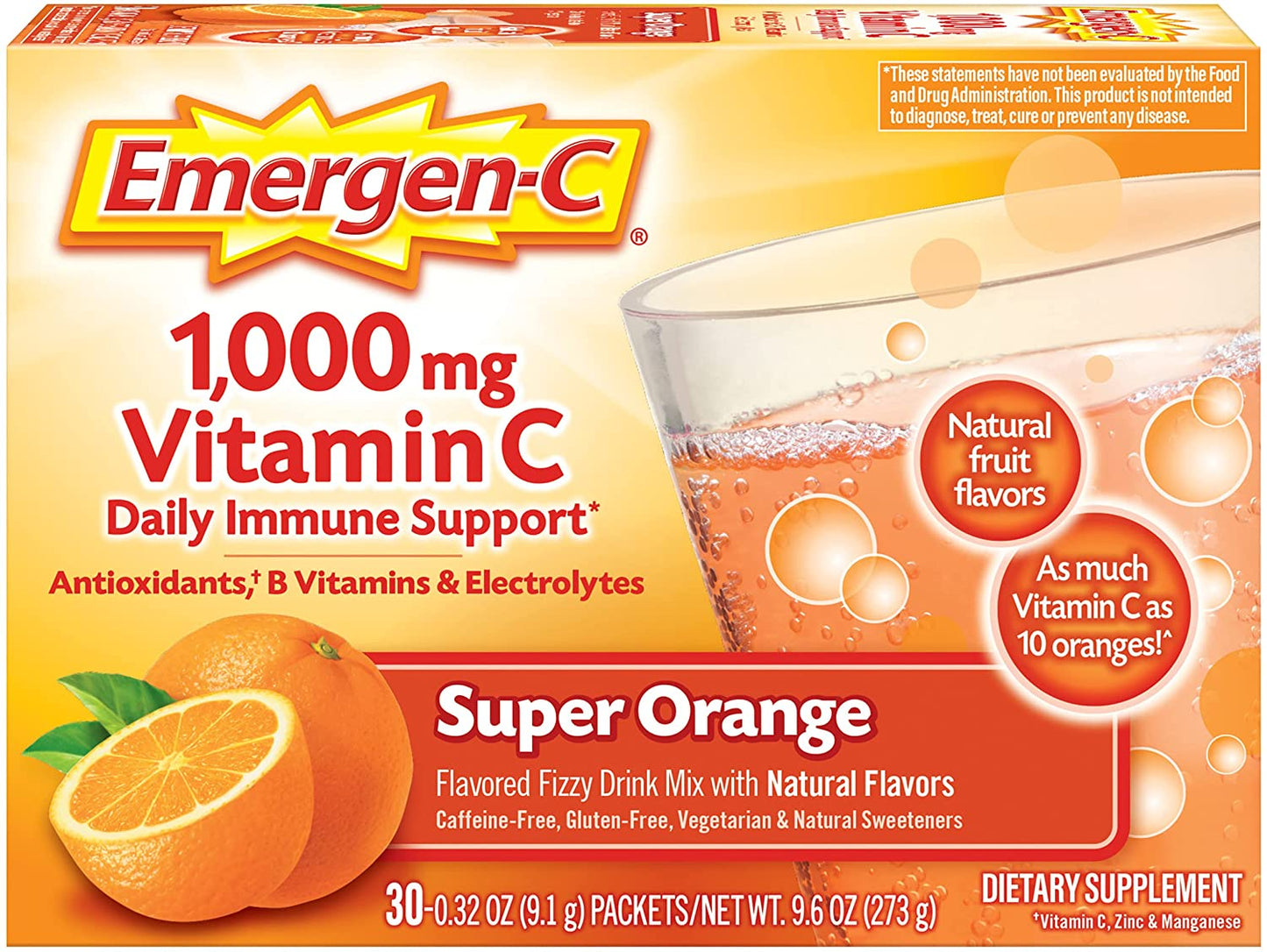 Emergen-C 1000mg Vitamin C Powder, Super Orange Flavor, 0.32 Ounce (Pack of 30)