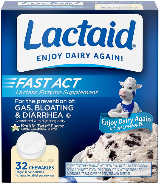 Lactaid Fast Act Lactose Intolerance Chewables with Enzymes, Vanilla Twist, 32 Count