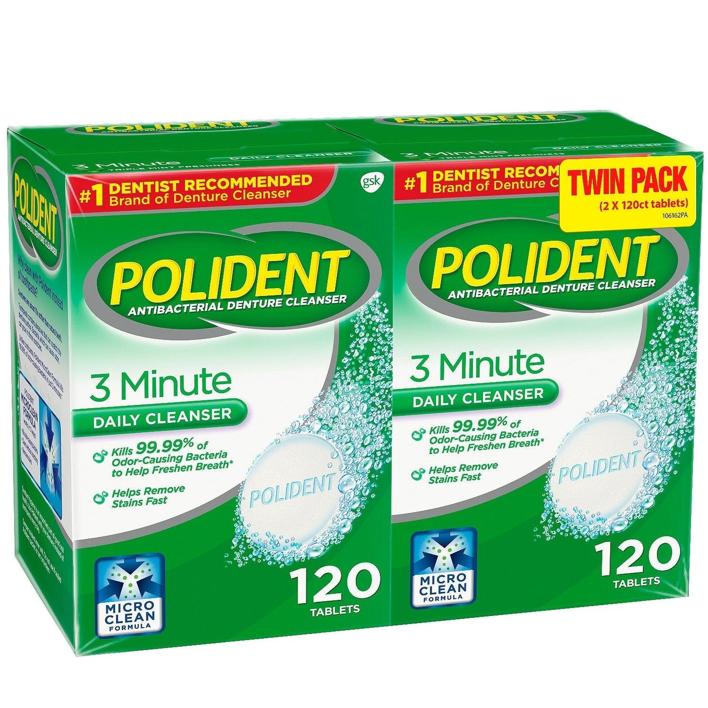 Polident 3 Minute, Antibacterial Denture Cleanser 120 ea (Pack of 2)