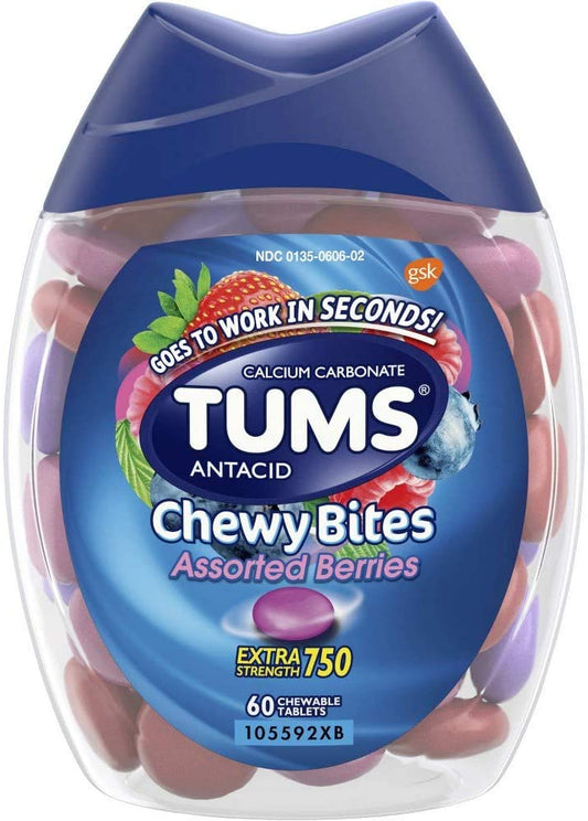 Tums Antacid Chewy Bites, Assorted Berries, 60 Chewable Tablets