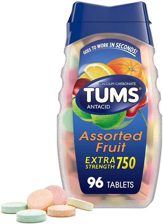 TUMS Extra Strength Antacid Chewable Tablets for Heartburn Relief, Assorted Fruit, 96 Count (Pack of 1)