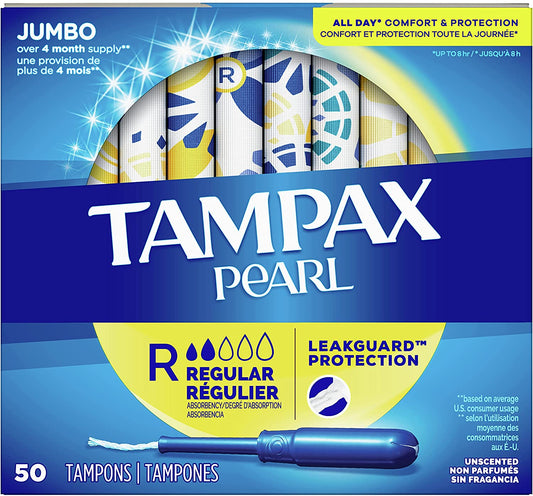 Tampax Pearl Regular Absorbency Plastic Tampons, Unscented, 50 Ct