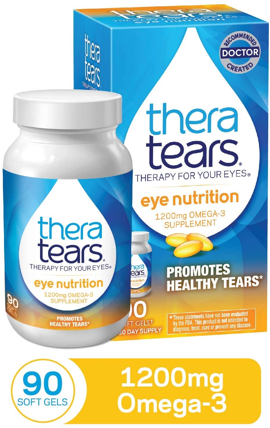 TheraTears 1200mg Omega 3 Supplement for Eye Nutrition, Organic Flaxseed Triglyceride Fish Oil and Vitamin E, 90 Count