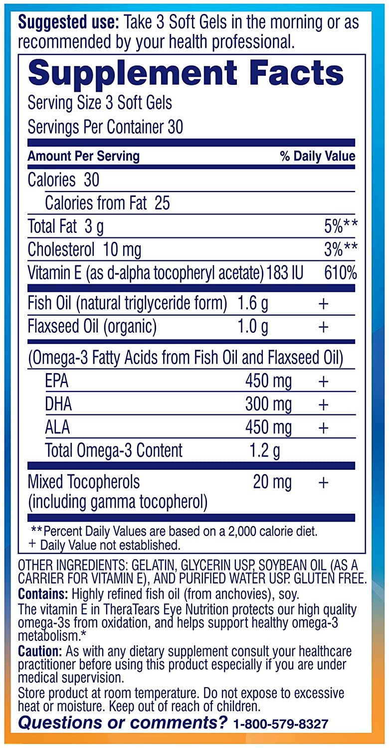 TheraTears 1200mg Omega 3 Supplement for Eye Nutrition, Organic Flaxseed Triglyceride Fish Oil and Vitamin E, 90 Count