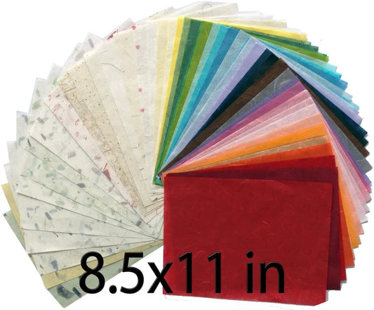 MulberryPaperStock 65 Hand Made Tissue Mulberry Paper Sheets Natural Fiber 8.5 x 11-inch Design for Japanese Origami and Hand Craft Include Red Green Blue Yellow Color