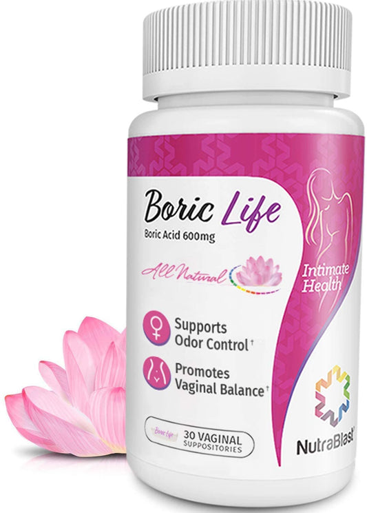 NutraBlast Boric Acid Vaginal Suppositories - 100% Pure Made in USA - Boric Life Intimate Health Support (30 Count)