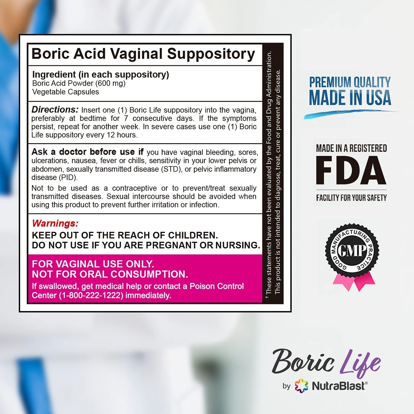 NutraBlast Boric Acid Vaginal Suppositories - 100% Pure Made in USA - Boric Life Intimate Health Support (30 Count)