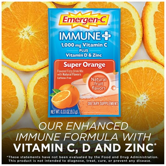 Emergen C Immune Plus Super Orange Fizzy Drink Mix, 0.3 Ounce - 30 per case.