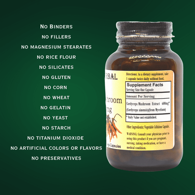 Cordyceps 10:1 Extract - 60 600mg VegiCaps - Stearate Free, Bottled in Glass