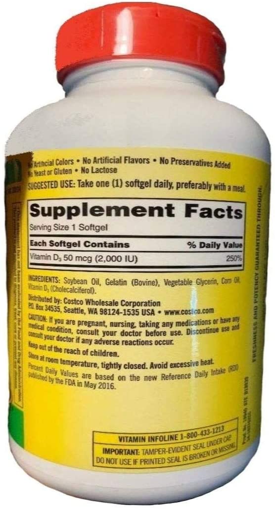 Kirkland Signature Maximum Strength Vitamin D3 2000 I.U. 600 Softgels, Bottle Personal Healthcare / Health Care