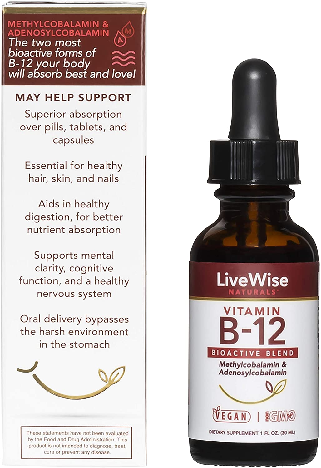 All-Natural Liquid Vitamin Vegan B12 Drops – Non-GMO Adenosylcobalamin Methylcobalamin B12 Supplement – Boost Your Immune...