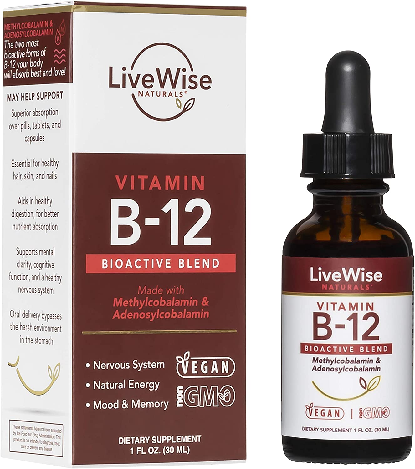 All-Natural Liquid Vitamin Vegan B12 Drops – Non-GMO Adenosylcobalamin Methylcobalamin B12 Supplement – Boost Your Immune...