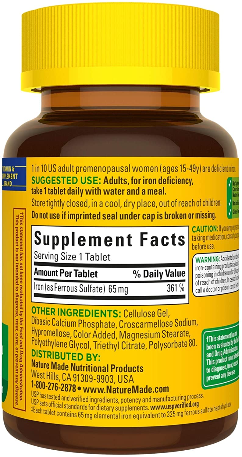 Nature Made Iron 65 mg (325 mg from Ferrous Sulfate), Dietary Supplement for Iron Deficiency, 180 Tablets, 180 Day Supply