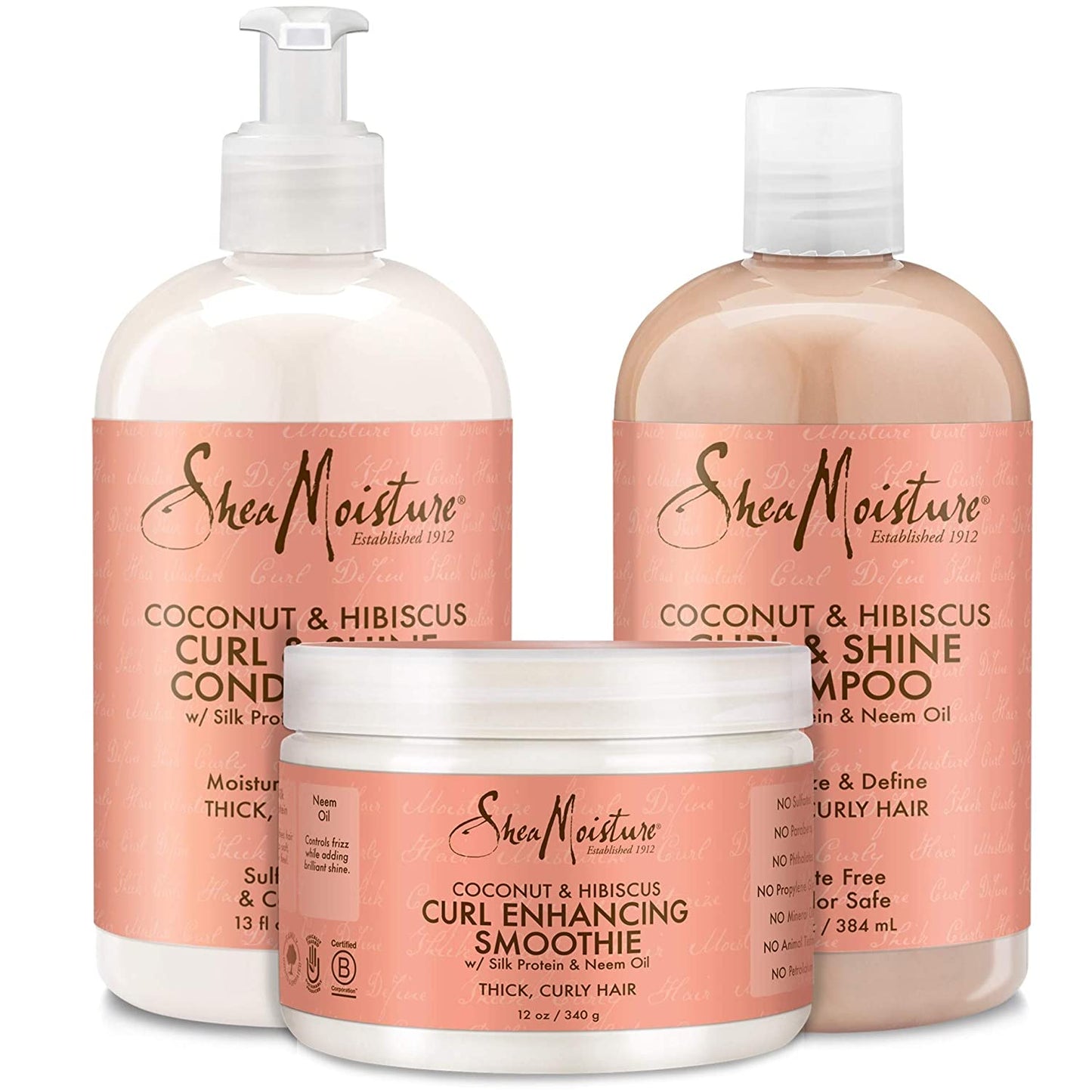 Shea Moisture Coconut and Hibiscus Combination Pack – 13 oz. Curl & Shine Shampoo, 13 oz. Curl & Shine Conditioner & 12 oz. Curl Enhancing Smoothie