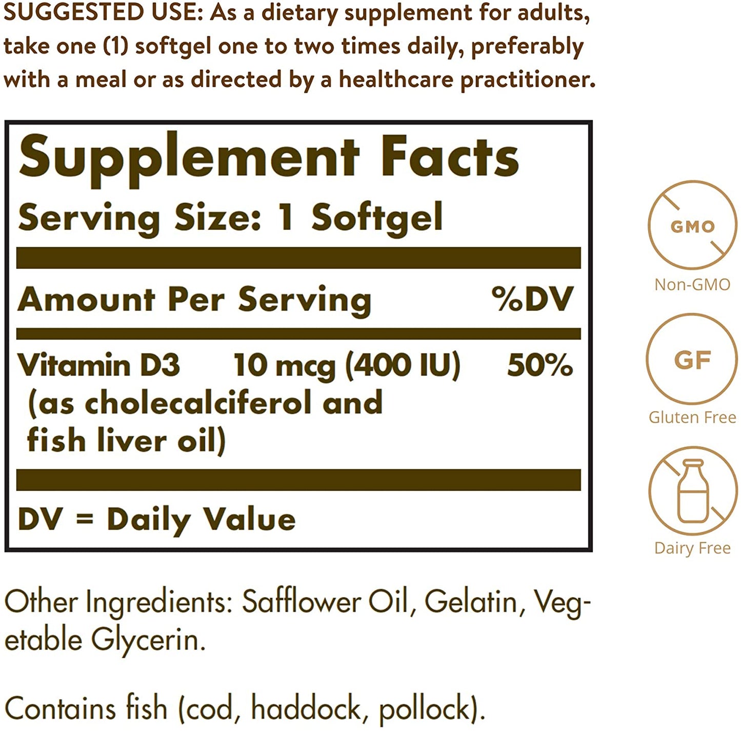 Solgar Vitamin D3 (Cholecalciferol) 10 MCG (400 IU), 250 Softgels