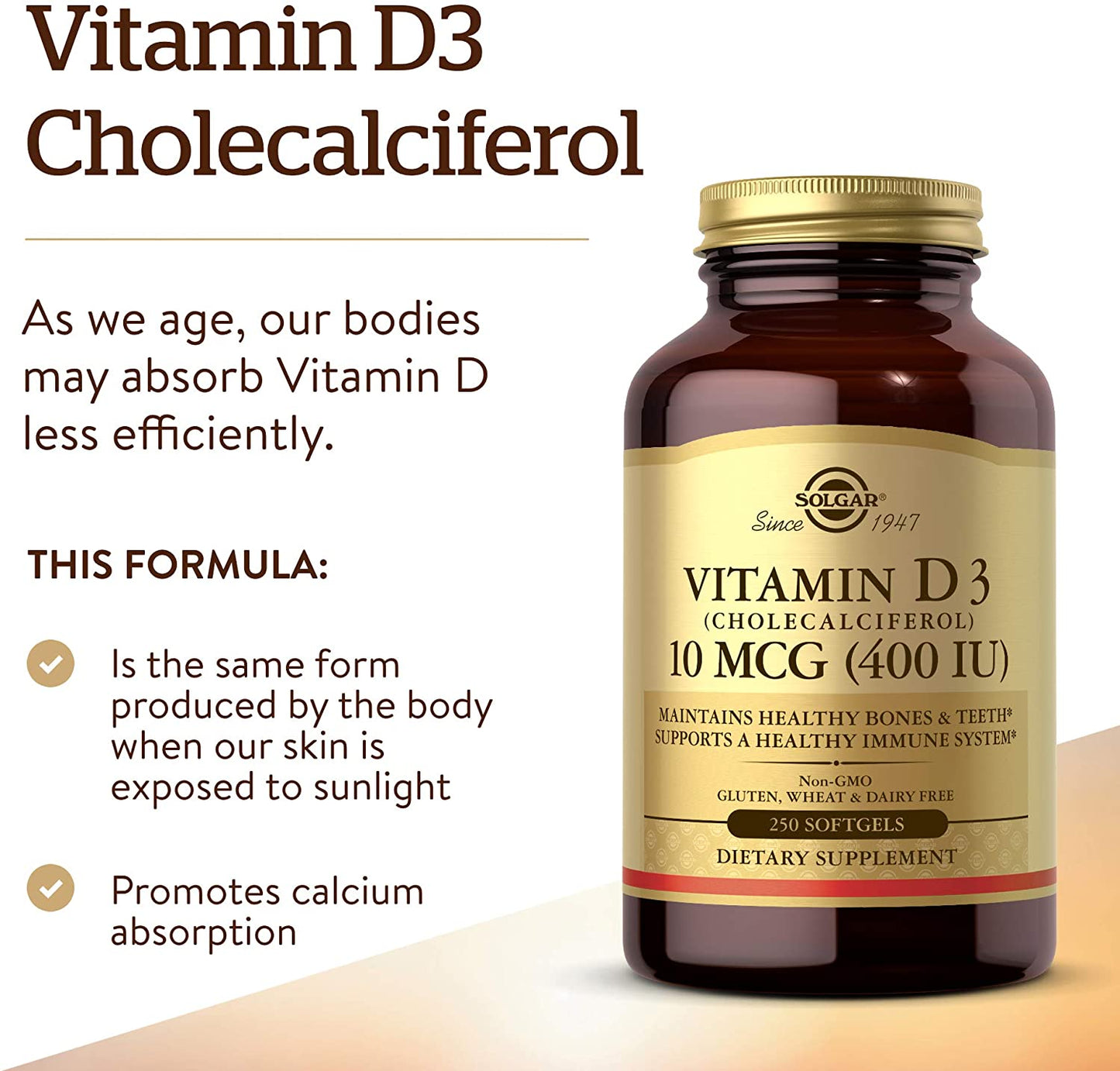 Solgar Vitamin D3 (Cholecalciferol) 10 MCG (400 IU), 250 Softgels